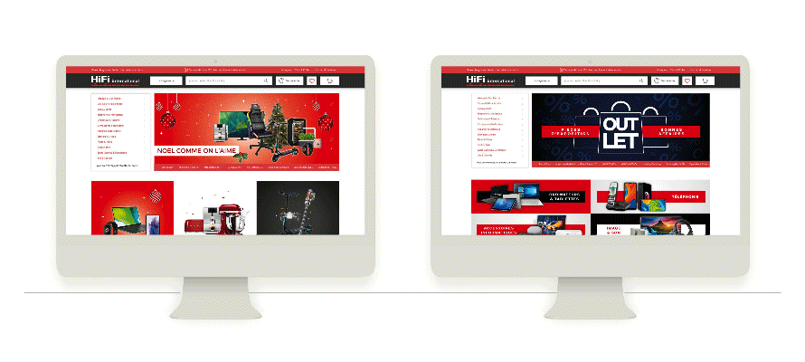 Page internet Hifi international - Noël à gauche, Outlet à droite
